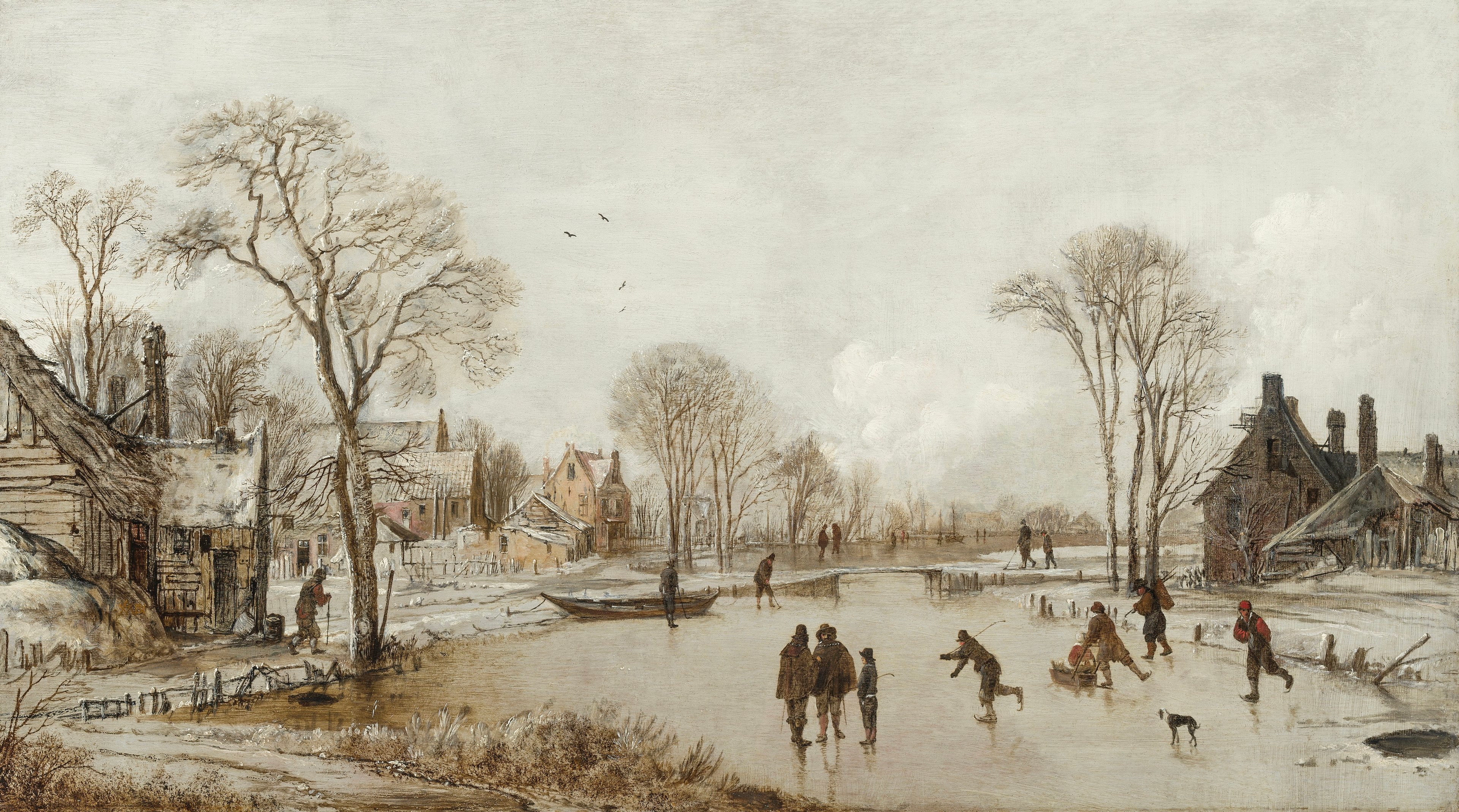 Das Gemälde zeigt eine Winterlandschaft und Menschen, die eislaufen. In der Mitte ist ein zugefrorener Fluss zu sehen, der links und rechts von leicht schneebedeckten Ufern begrenzt wird, auf denen sich kleine Häuschen und schmale Bäume befinden. Auf der Eisfläche sind etwa zehn Personen mit Schlittschuhen zu sehen, manche von ihnen haben lange Schläger in der Hand, eine Person hält sich an einem Schlitten fest. Auch ein kleiner, schwarz-weißer Hund steht auf dem Eis. Ganz rechts unten in der Ecke ist ein Loch im Eis sichtbar. Farblich ist das Gemälde eher hell gehalten. Bis auf die rote Kleidung einer Person sowie zwei pastellfarbenen Häusern in rosa und gelb ist die Farbgebung allerdings eher bräunlich, gräulich sowie weiß. 